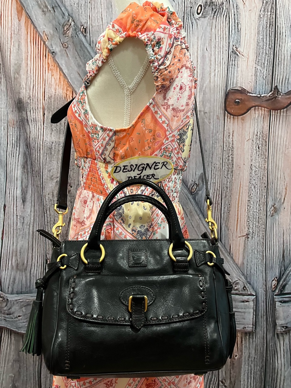DOONEY & BOURKE Florentine Medium Leather Tassel Pocket Satchel Black VGC!